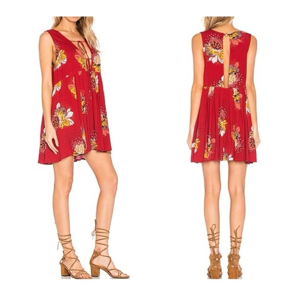 Free People Tops - Free People Women Mini Dress Tunic Small LOVELY DAY Red Floral Boho Tie Up